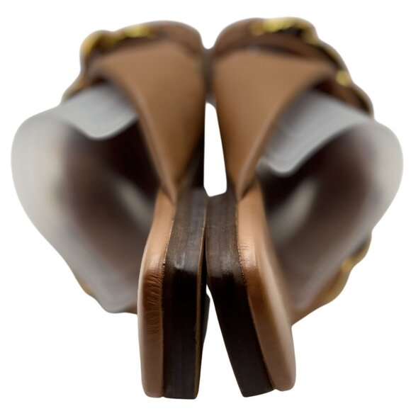 Vince Camuto Womens Slide Sandals 8 Azori Brown Leather Square Toe Gold Chain - Picture 7 of 9